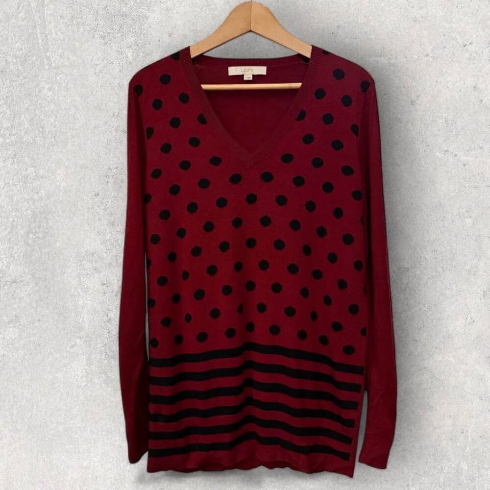 Women's Loft Lightweight Red & Navy V-Neck Sweater with Polka Dots/Stripes-Sz L
